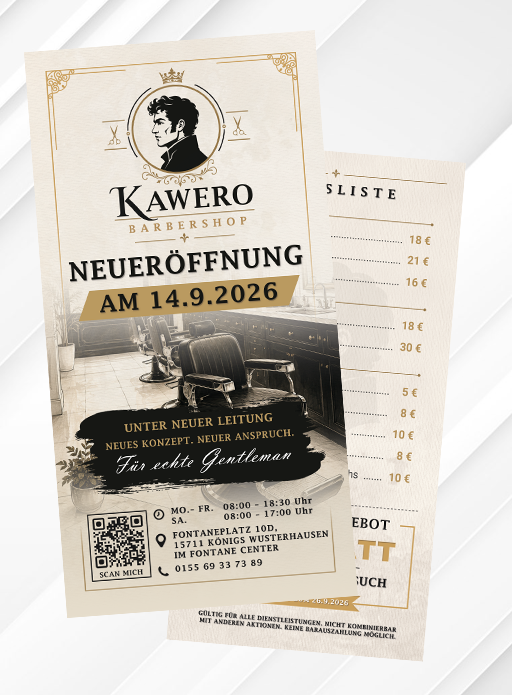 KAWERO – Flyer Neueröffnung 14.9. – Design ink. Druck 1000 Stück – Einrichtung [QR-Code] und Meetergo